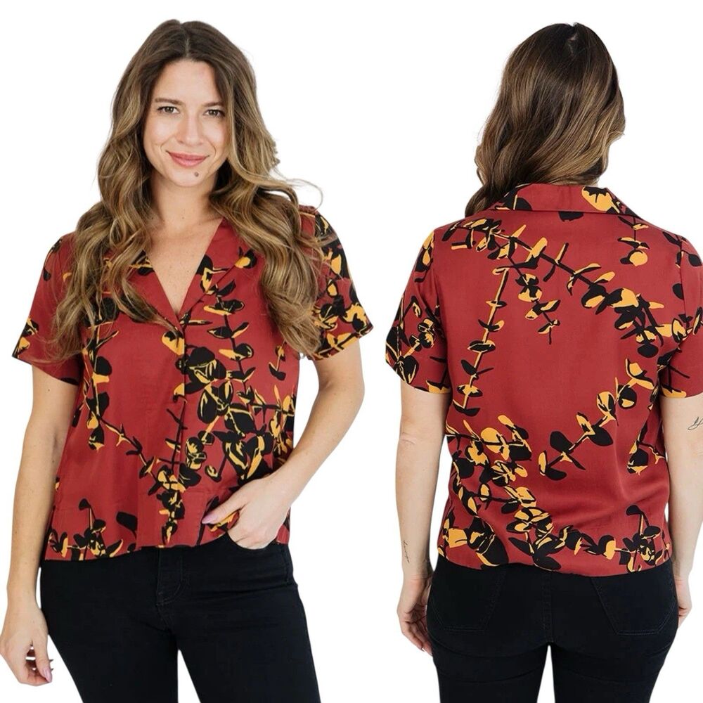 Mata Traders Boxy Camp Shirt Boxy Relaxed Botanical Eucalyptus Print Rust Red XS